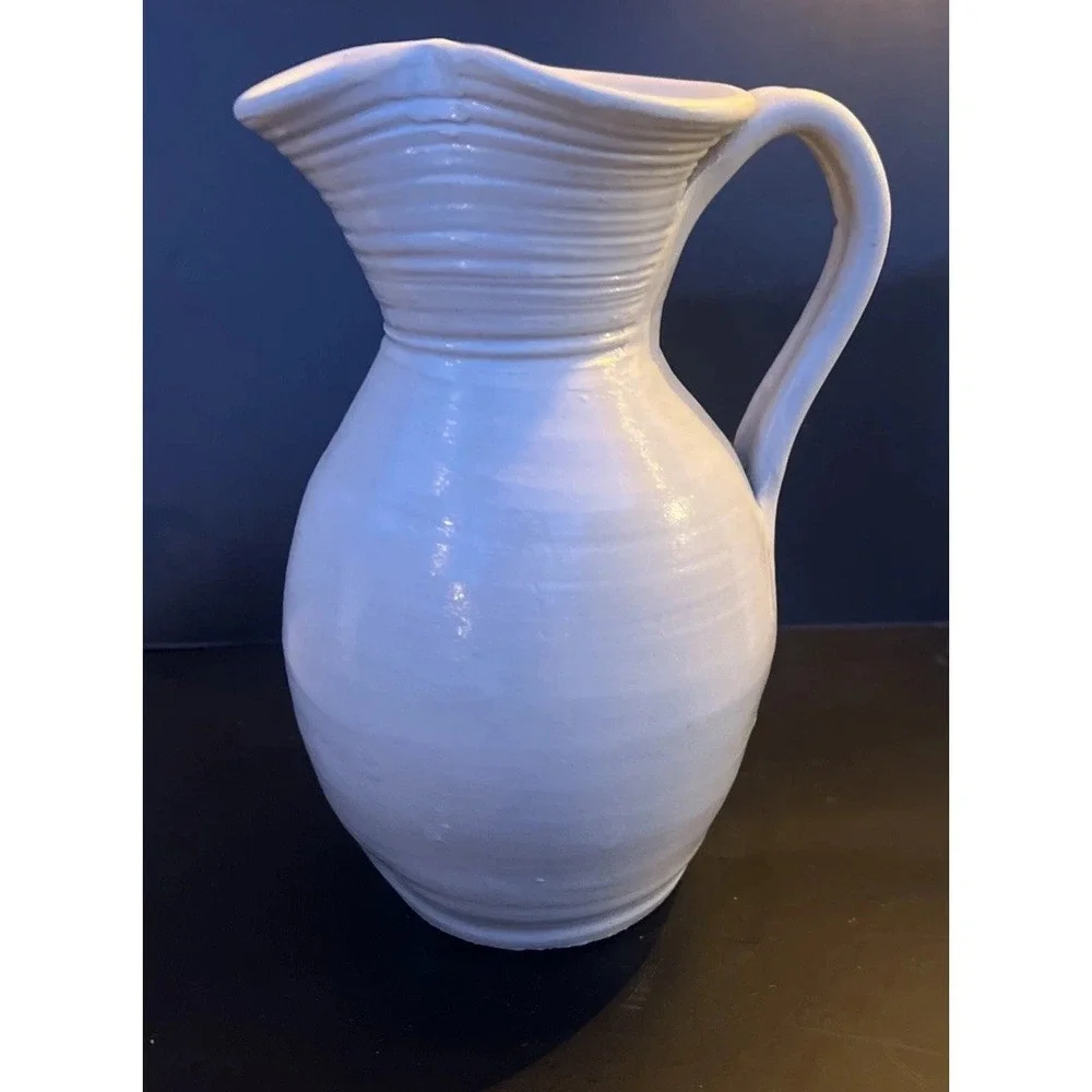 Williamsburg Pottery Pitcher Jug Vase Cobalt Blue Salt Glaze Floral 8.25